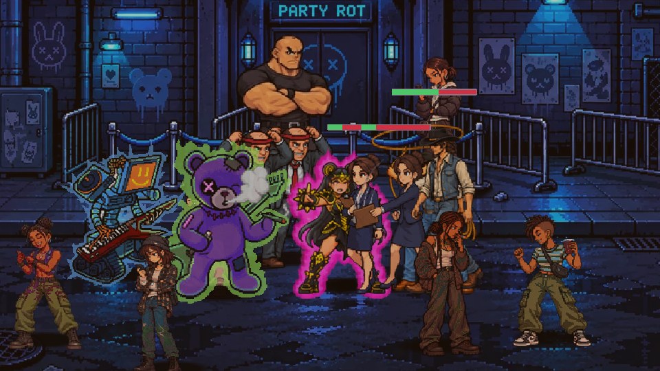 DO DRUGS gameplay: Wynna and her crew brawling a crowd in the Lineup alley